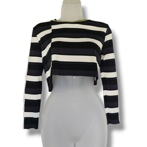 Animale Cropped Sweater P/S Women Black White Striped Asymmetrical Button Sleeve